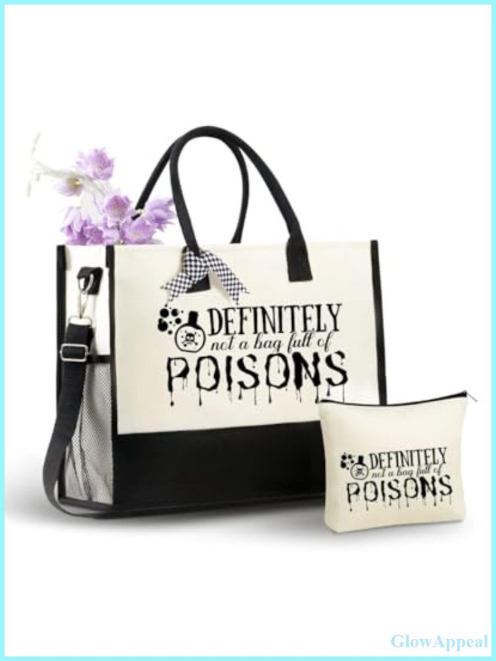 Witchy Canvas Tote Bag with Makeup Pouch & Ribbons – Halloween Goth Gift